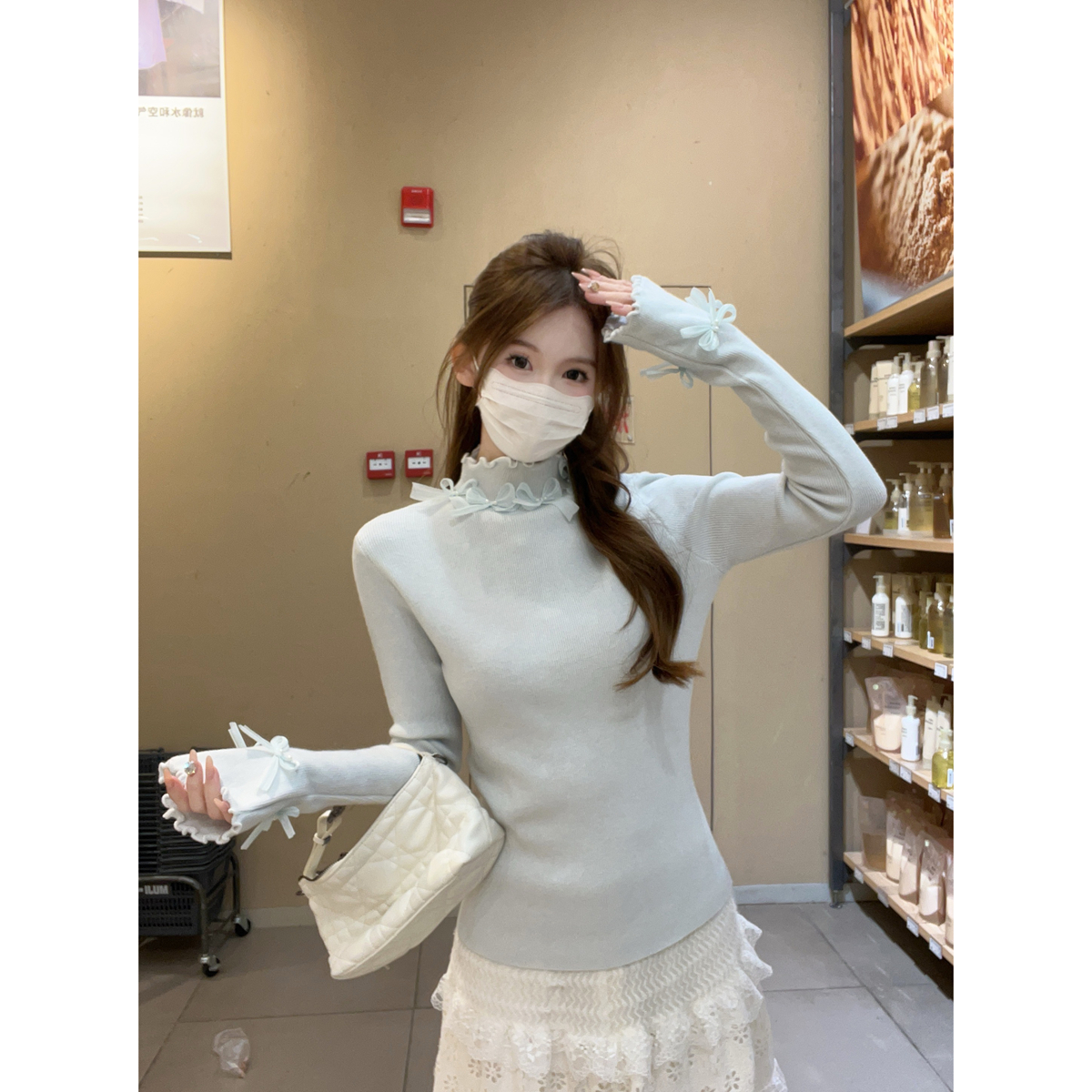 Slim Fit Mock Neck Sweater with Bow with Ruffle 4