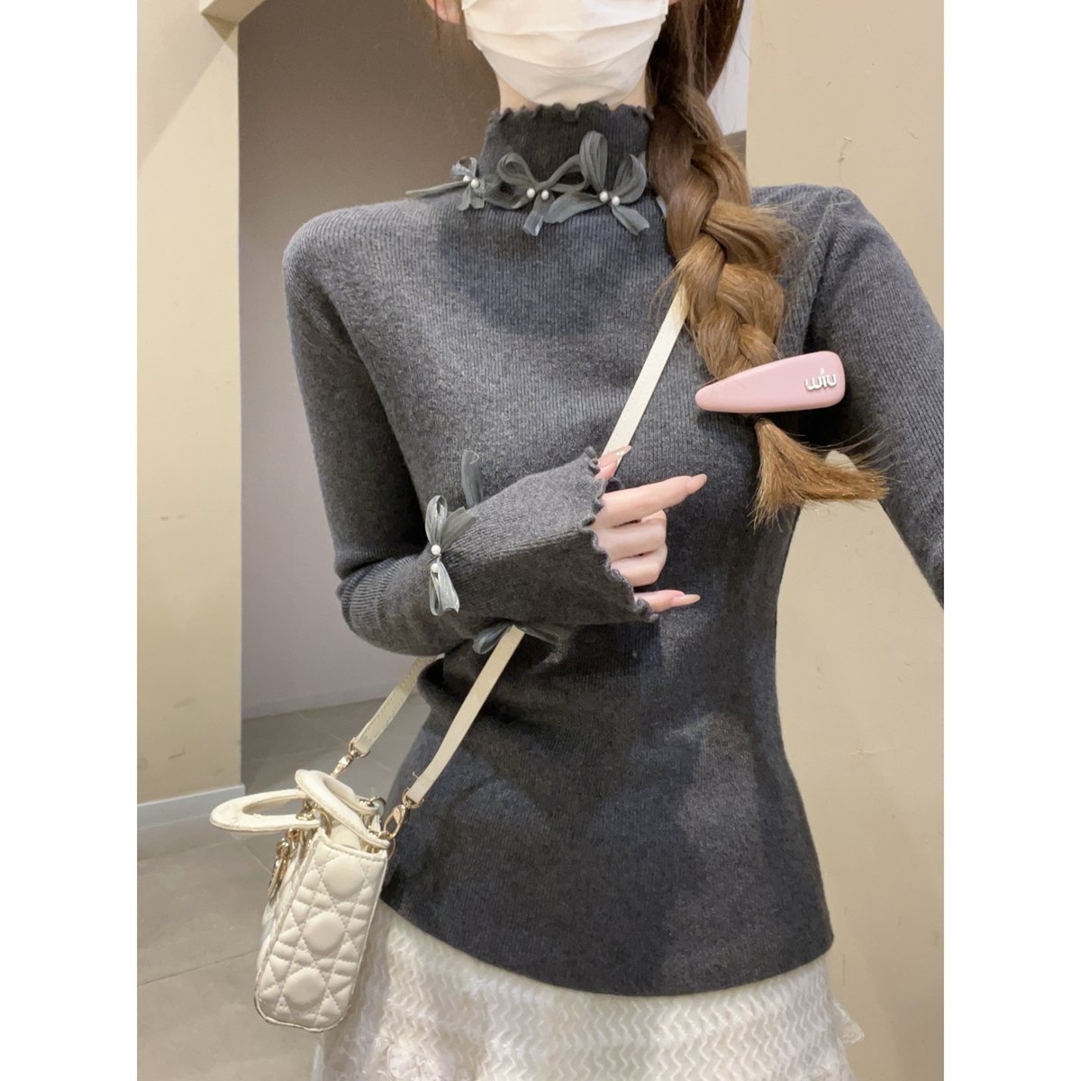 Slim Fit Mock Neck Sweater with Bow with Ruffle 5