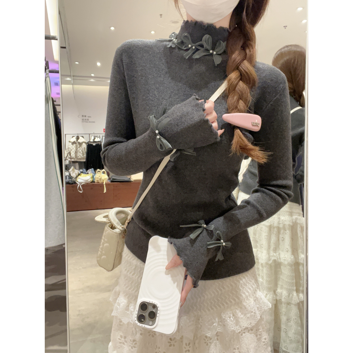 Slim Fit Mock Neck Sweater with Bow with Ruffle