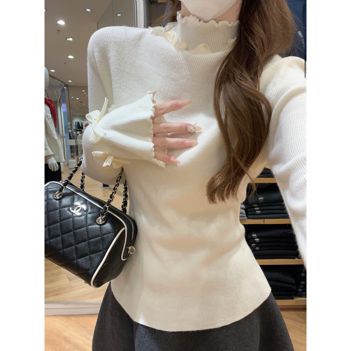 Mock Neck Sweater with Bow with Ruffle